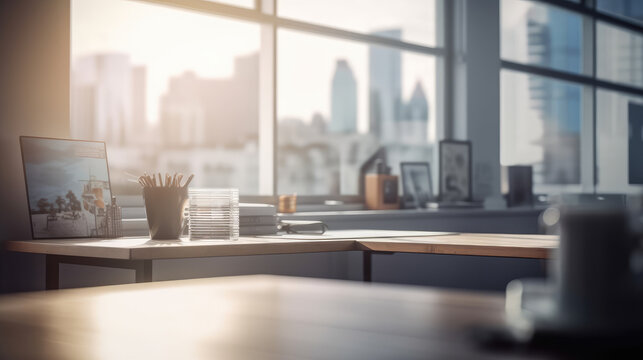 Office interior in the morning, bright workplace with cityscape, background for business presentation, generative AI