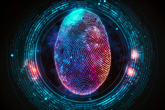 Fingerprint scanning unlock and access to business data network. Biometric identification and cyber security protect business transaction from online digital cyber attack. Generative A