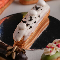 eclairs with different fillings and decorations in different options