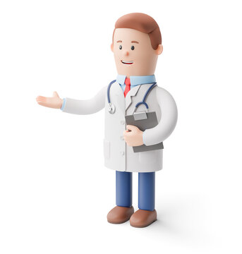 Doctor male character. Doctor with stethoscope isolated on white background. 3d render