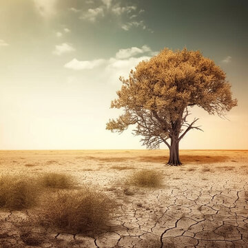 Dying tree in arid desert. AI generation..