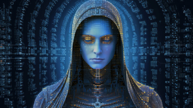 A Humanoid Female Android Against A Background Of Digital Technology, In The Style Of Religious Iconography, Dark Azure And Gold, Pseudo-historical Fiction, Generative Ai