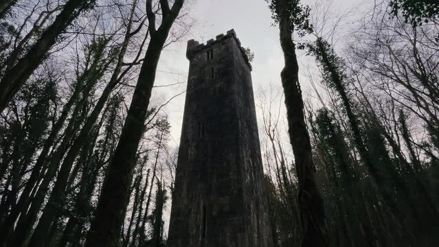 Isolated castle tower surrounded by tall trees. Low angle shot that tilts up to reveal the top of the tower.