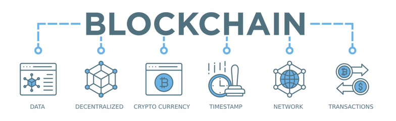 Blockchain banner web icon vector illustration concept with icon of data, decentralized, crypto currency, timestamp, network and transactions