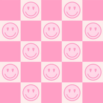 Retro checkerboard groovy seamless pattern with pink smiling faces on pink and white background. 70s 80s style cute geometric vector illustration. Positive vibes. Hippie style aesthetics background.