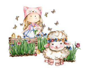 Girl Tilda doll and white fluffy sheeps sitting in the grass with flowers and butterflies. Watercolor hand drawn illustration of farm baby animal . Perfect for greetings card, poster, fabric pattern.