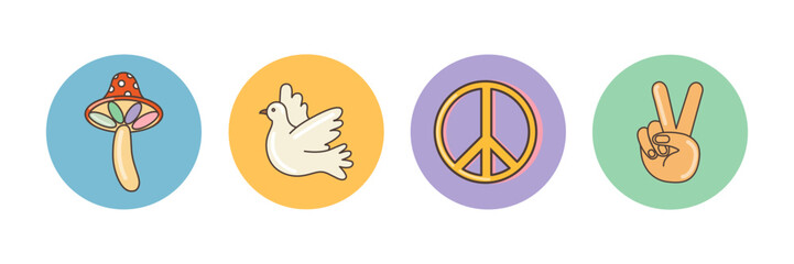 Funny cartoon peace, dove of peace, mushrooml icons. Isolated  cartoon vector illustration. Sticker pack in trendy retro psychedelic style. Groovy hippie 70s set.