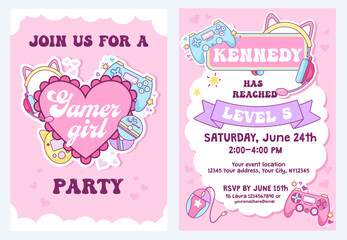 Cute vector Birthday card invitation design. Gamer girl kids Birthday party invitation. Vintage 90s celebration event template with controller game elements. Flat style gaming kawaii illustration