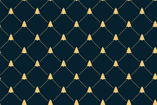 Geometric Christmas seamless pattern with gold Christmas trees and navy background. Xmas diagonal repeatable luxury design vector illustration. Modern New Year template with geometric shapes.