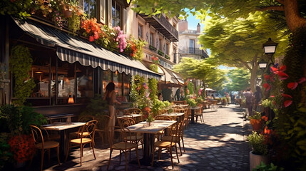 Street view with cafe or restaurant. Coffee shop in the city. Rue de Paris. Summer time. Ai illustration, fantasy digital painting, Generative AI