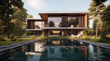 Fototapeta na wymiar A beautiful modern house with large floor - to - ceiling windows, surrounded by manicured gardens and tall trees. generative ai