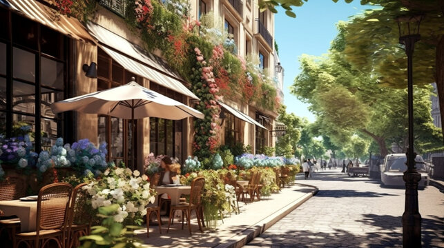 Street view with cafe or restaurant. Coffee shop in the city. Rue de Paris. Summer time. Ai illustration, fantasy digital painting, Generative AI