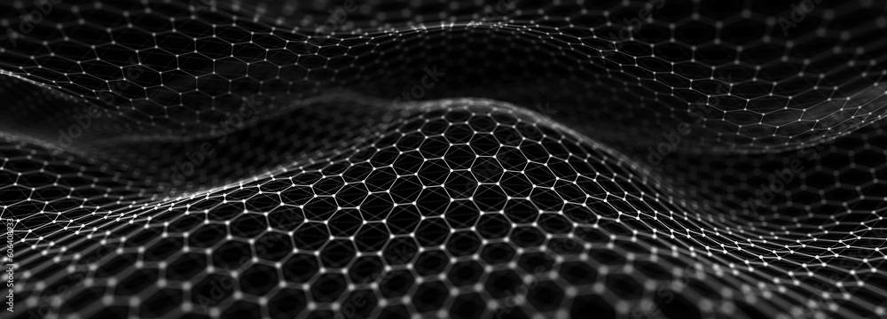 Poster Abstract background of points and lines. Hexagon cyber structure. Big data stream. 3d rendering