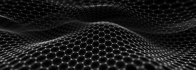 Abstract background of points and lines. Hexagon cyber structure. Big data stream. 3d rendering