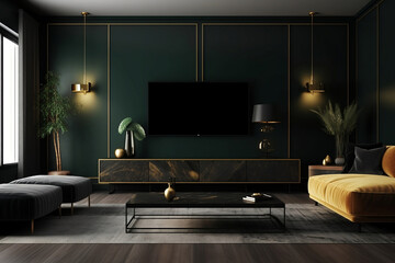 Television put on tv stand wood table, in minimal empty space luxury room background AI Generative