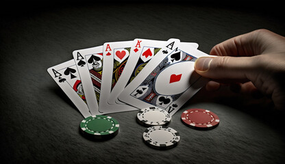 Poker player's male hand winning a royal flush in a casino, gambling club