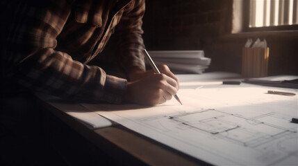 Architect's desktop. Architect is working with drawings. Office work.