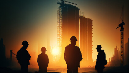Engineer, with a construction team working on a high - rise building, sunset light, silhouettes