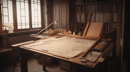 Fototapeta na wymiar Architect's desktop. Architect is working with drawings. Office work.