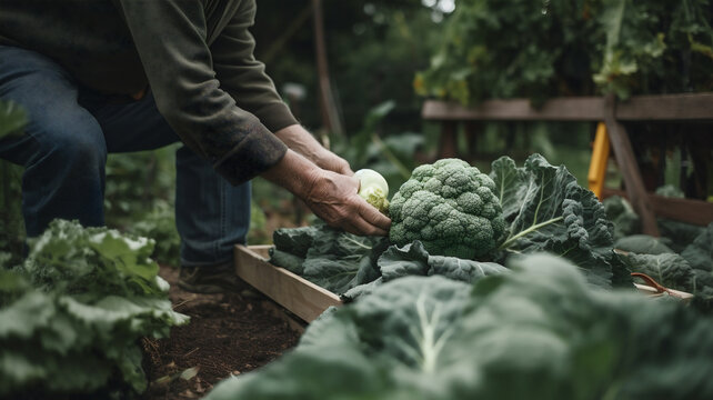 Man Harvesting Broccoli In Vegetable Garden