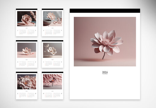 Beautiful 2024 Calendar with Flowers of Jumping Clay Material Illustrations AI generated        