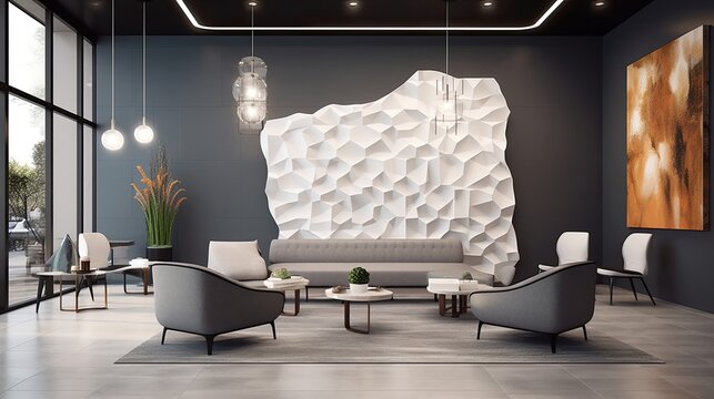 A Contemporary Office Lobby With Modern Seating, A Statement Lighting Fixture, And Artistic Wall Installations. The Lobby Creates A Welcoming And Visually Striking First Impression. Generative Ai