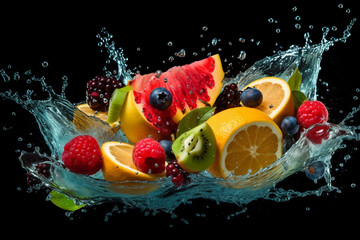 Fototapeta na wymiar water splash sliced fruits, create generative AI