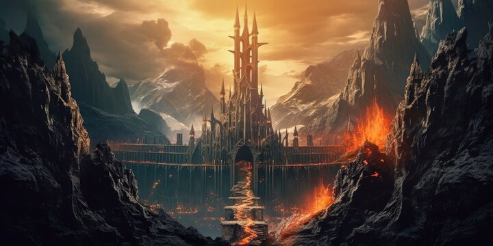 Road to the Black Gate of Mordor. In J. R. R. Tolkien's fictional world of Middle-earth, Mordor is the kingdom and base of the evil Sauron. Generative AI.