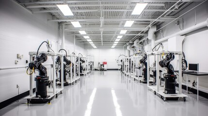 Fototapeta premium A cutting - edge robotics lab with advanced robotic arms, computer workstations, and a testing area. The lab is at the forefront of technological innovation and automation. generative ai