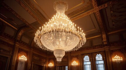 Obraz premium A dazzling crystal chandelier suspended from a high ceiling