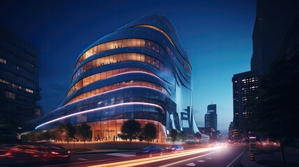 Fototapeta premium A futuristic government building with a sleek, curved exterior, cutting - edge technology, and sustainable design elements. The building represents innovation and progress in governance. generative ai