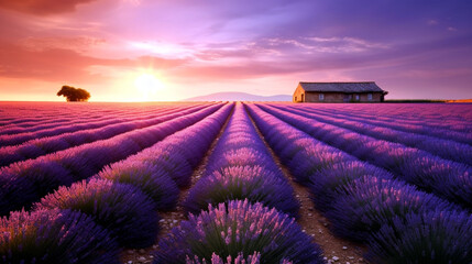 Fototapeta na wymiar Sun setting or rising over a lavendar field. Beautiful lavender field with long purple rows. Ai illustration, fantasy digital painting, Generative AI