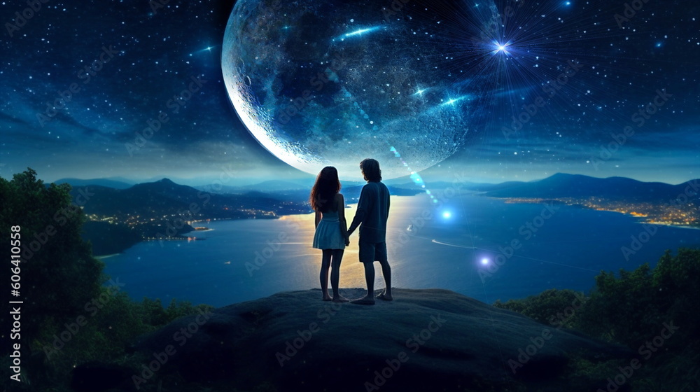 Wall mural romantic couple ,beautiful young woman and man stay on earth and watch starry sky moon planet surrea