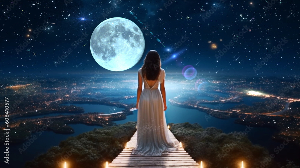 Wall mural beautiful young woman in white dress stay on earth and watch starry sky moon planet surrealism,natur
