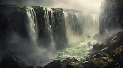 A magnificent and imposing waterfall thundering down a rocky cliff, creating a spectacle of water and mist. generative ai