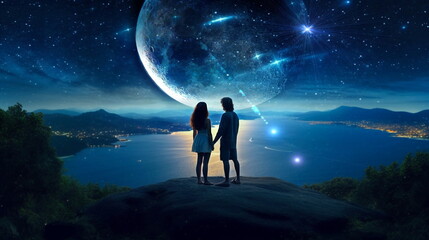 Fototapeta na wymiar romantic couple ,beautiful young woman and man stay on earth and watch starry sky moon planet surrealism,generated ai