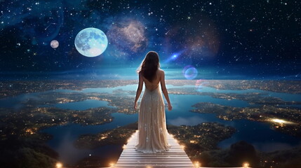    beautiful young woman in white dress stay on earth and watch starry sky moon planet surrealism,nature cosmic backgrount fantasy,generated ai