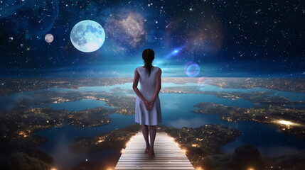 Fototapeta na wymiar beautiful young woman in white dress stay on earth and watch starry sky moon planet surrealism,nature cosmic backgrount fantasy