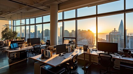A modern architectural firm with an open - concept office space, collaborative workstations, and floor - to - ceiling windows showcasing inspiring city views.  generative ai