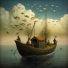 Fantasy sky by day with flying fishes and vessels, surreal illustration. AI generation..