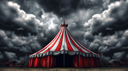 Red and white circus tent, dark clouds in the background, scary gloomy atmosphere. Ai illustration, fantasy digital painting, Generative AI - obrazy, fototapety, plakaty