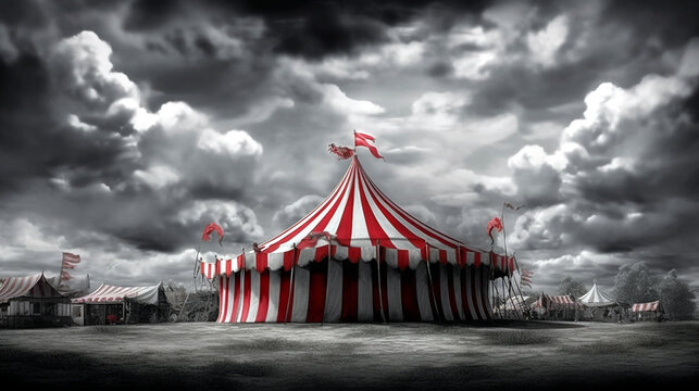 Red and white circus tent, dark clouds in the background, scary gloomy atmosphere. Ai illustration, fantasy digital painting, Generative AI
