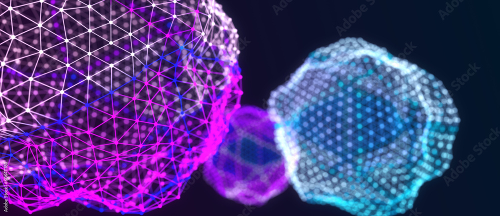 Aufkleber Spheres of particles and lines. Futuristic digital technology. Network or connection. Abstract background of points and lines. Big data. Science background. 3d rendering