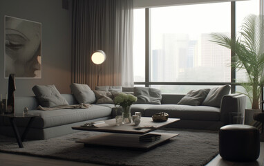 modern living room contemporary living room with neutral gray color scheme, Generative AI	