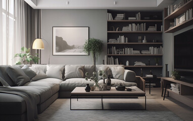 Contemporary living room with neutral gray color scheme, Generative AI	
