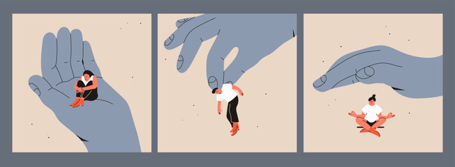 Set of big hands and small people. Giant hand holding and covering tiny persons. Psychological help, support, calmness, assistance concept. Hand drawn Vector isolated illustrations