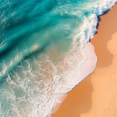 Beautiful sea or ocean shore, sandy beach, coastline, view from the drone. Ai illustration, fantasy digital painting, Generative AI
