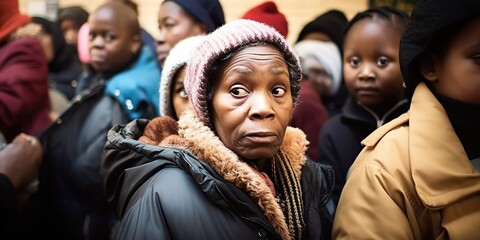 A single mother queues at a local food bank, her worried eyes reflecting the reality of a poverty crisis, concept of Resource scarcity - obrazy, fototapety, plakaty