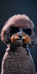 Obraz premium Poodle with sunglasses on dark background. Generate Ai