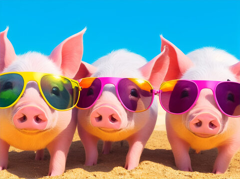 Image of pigs wearing colorful sunglasses. Generate Ai